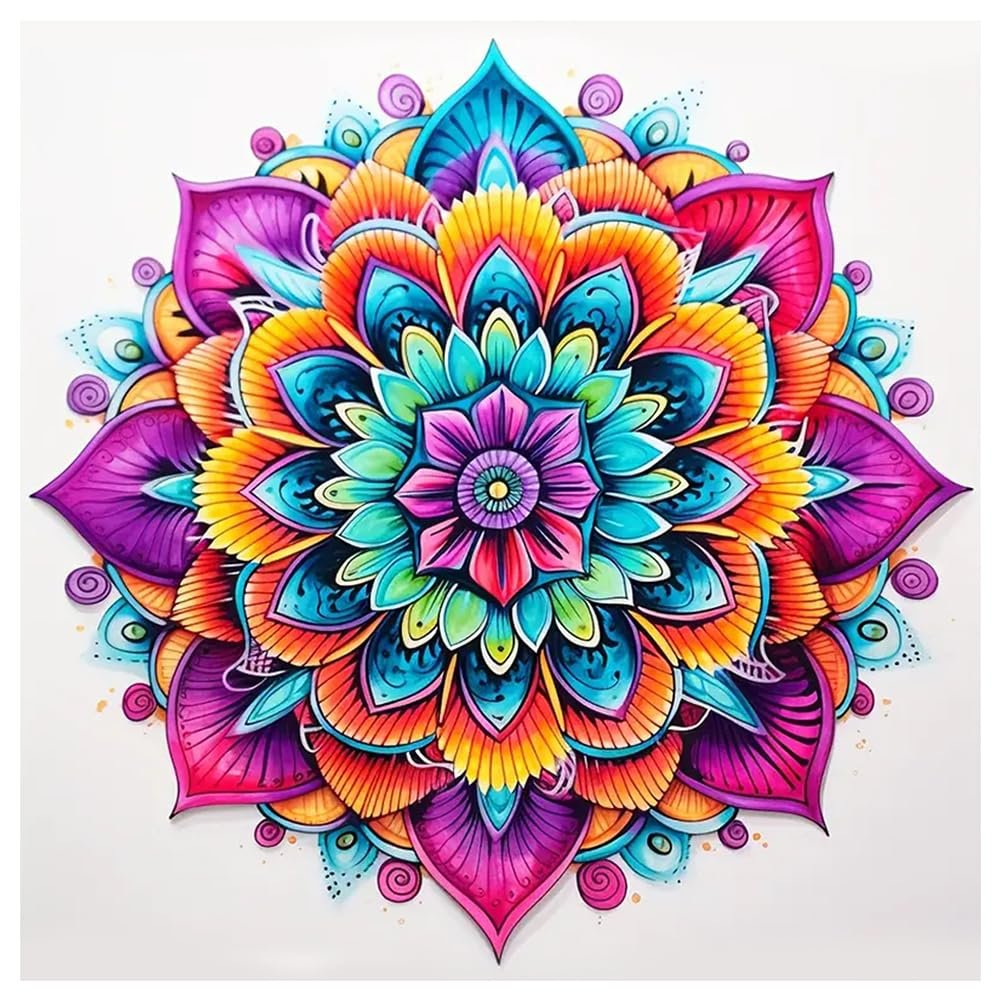 Colorful mandala design with intricate floral patterns and vibrant hues of purple, pink, orange, yellow, and blue.