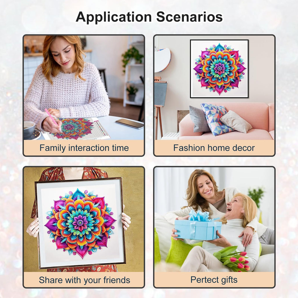 Collage of four diamond painting application scenarios: woman crafting, framed art on wall, person holding framed art, and gifting a diamond painting.