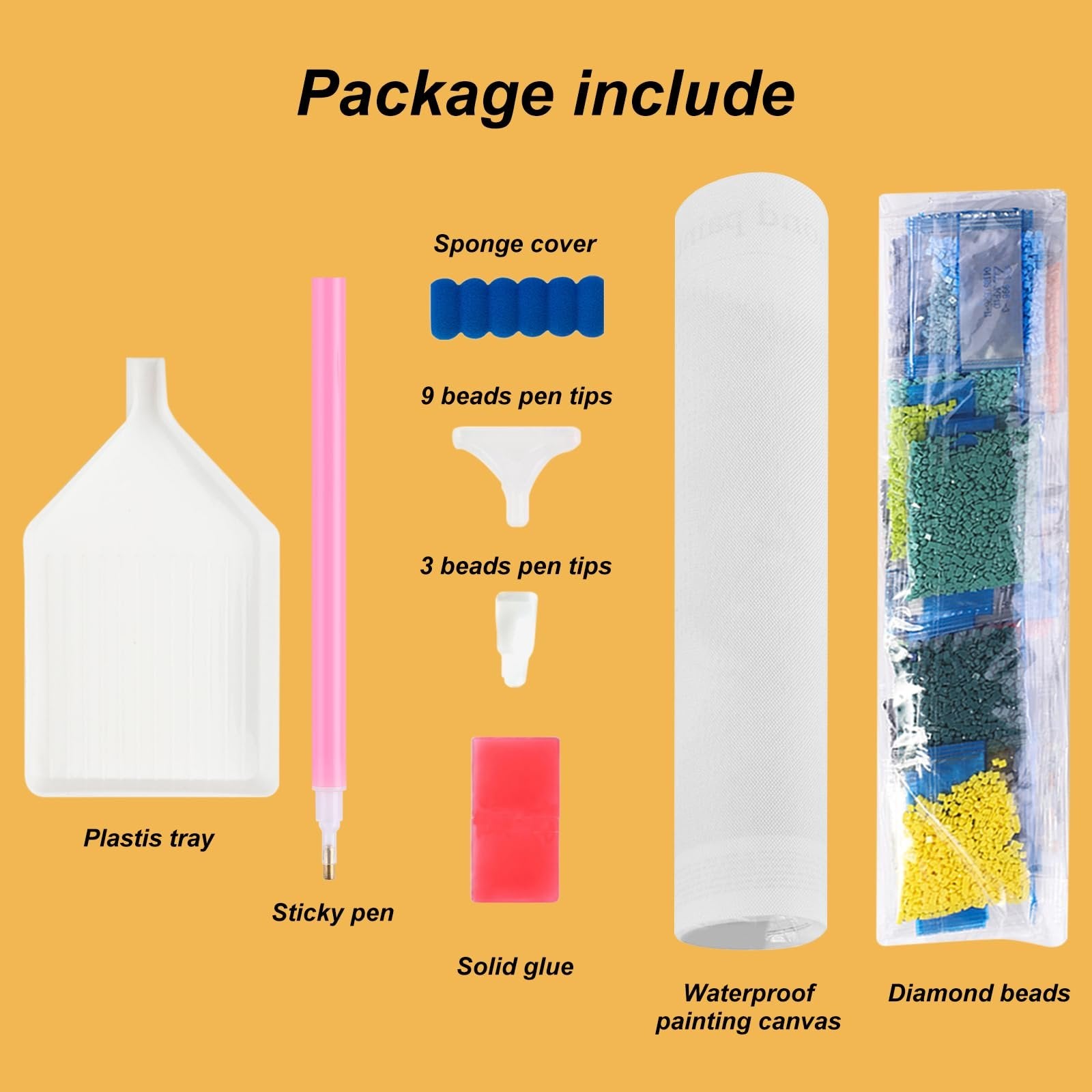 Diamond painting kit contents laid out: plastic tray, pink sticky pen, blue sponge cover, white pen tips, red glue, white canvas roll, and bagged diamond beads.