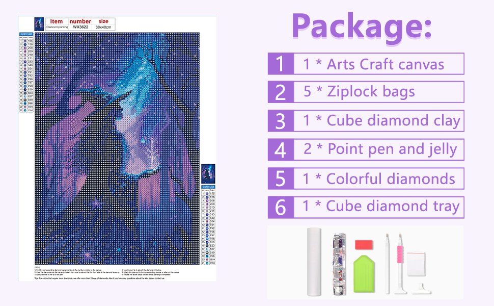 Diamond painting kit with retro witch design, showing the completed artwork and a list of package contents with tools.