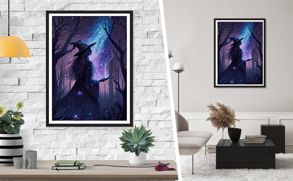 Framed diamond painting of a witch in a dark forest holding glowing magic, displayed in two different room settings.