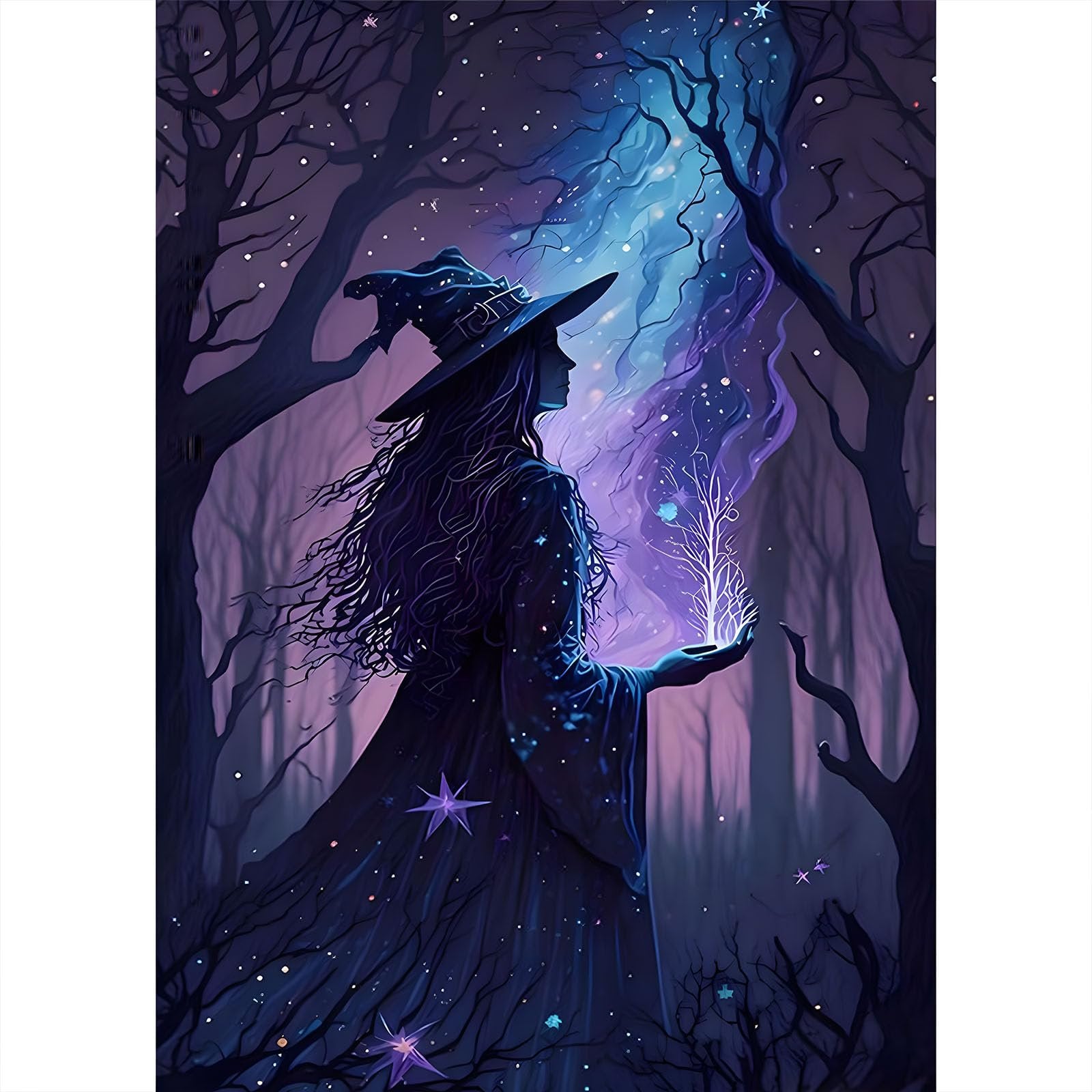 Diamond painting kit featuring a witch in a dark forest holding a glowing plant, with stars and magical effects.