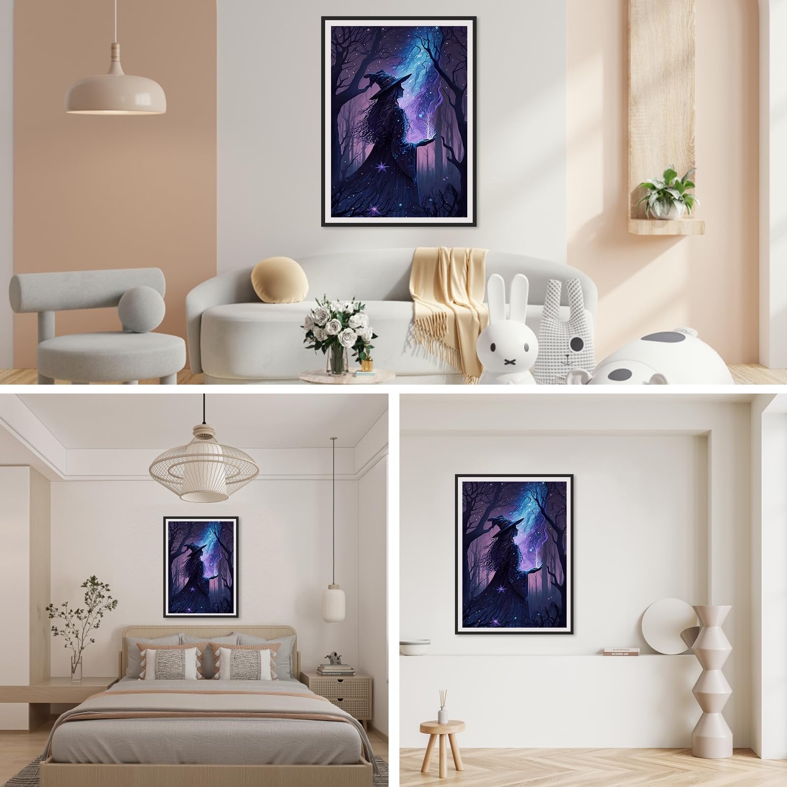 Framed diamond painting of a witch in a forest with starry sky, displayed in living room and bedroom settings.
