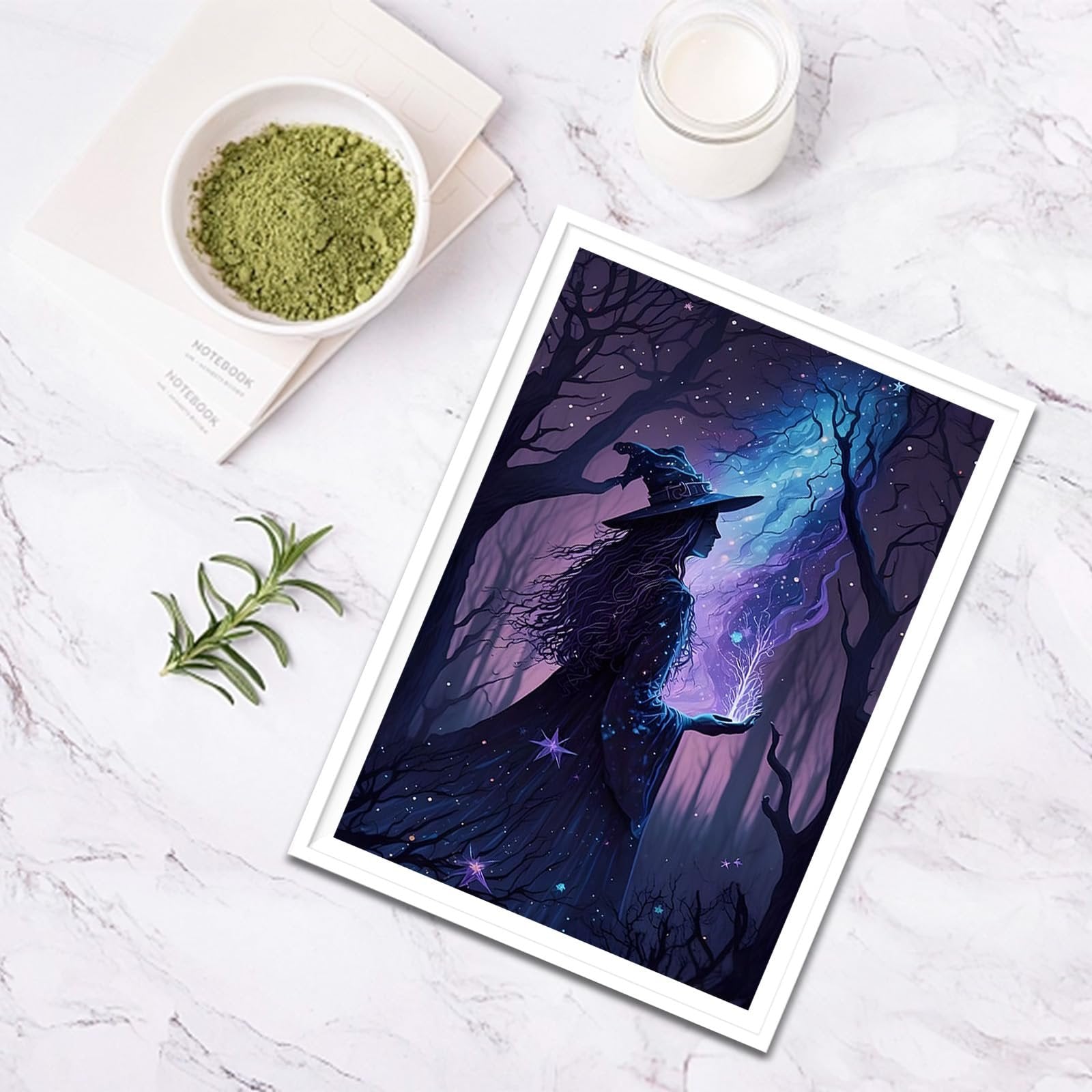 Diamond painting kit featuring a mystical witch in a dark forest under a starry sky, holding a glowing branch.