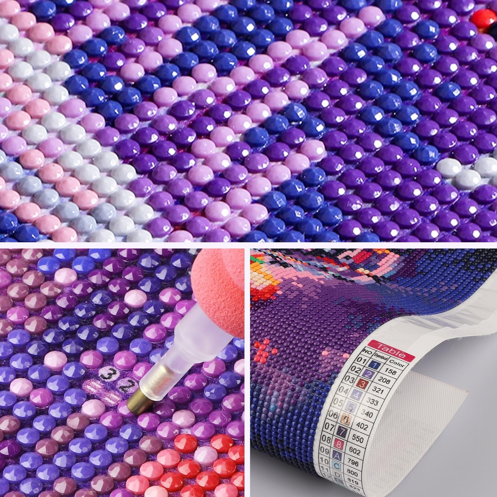 Diamond painting canvas with colorful round drills and a tool for applying them, showing a color chart table.