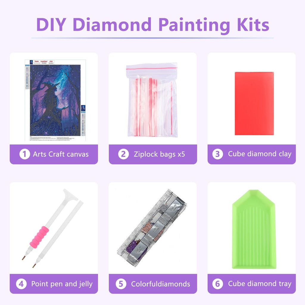 Diamond painting kit contents including canvas, ziplock bags, clay, pen, diamonds, and tray.