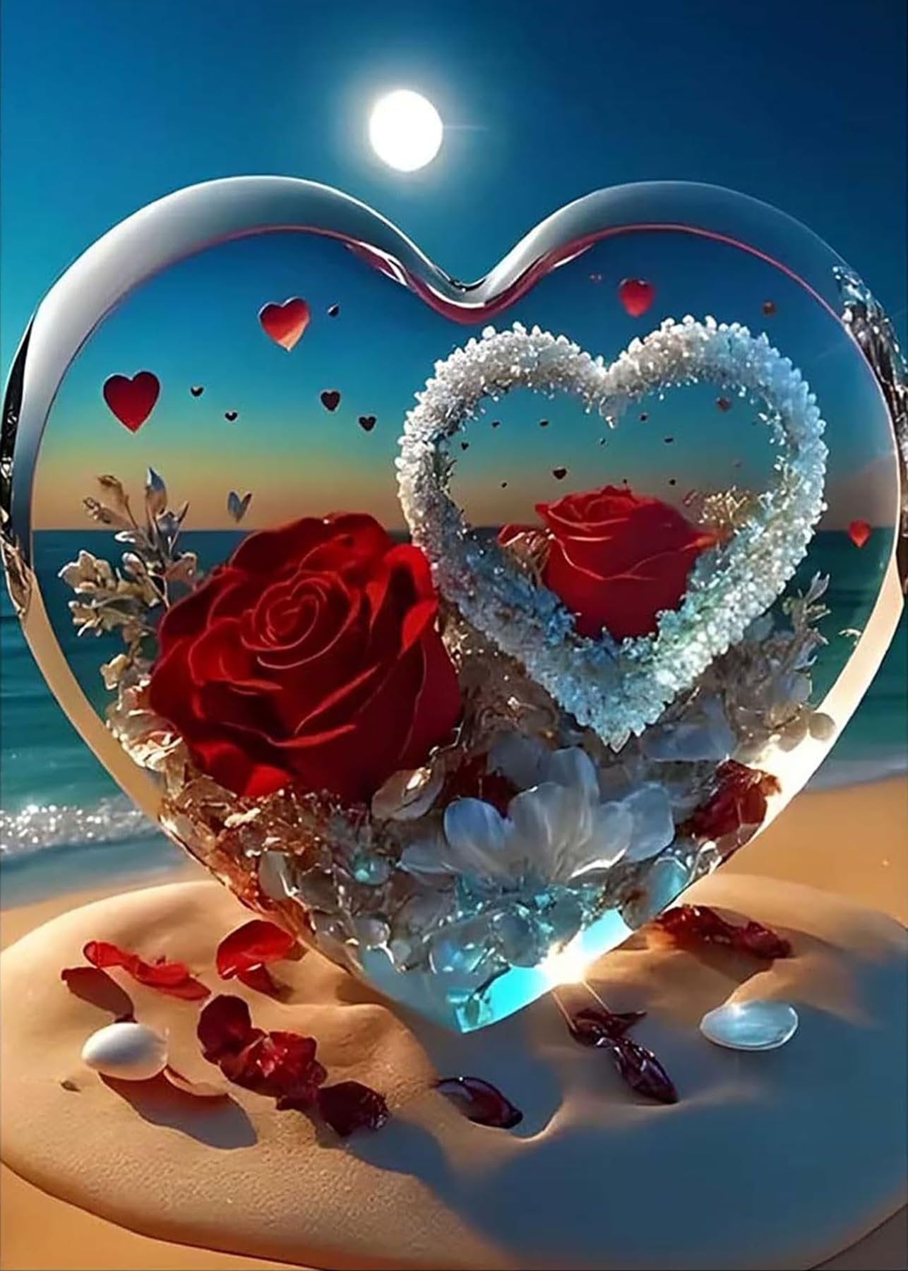 Heart-shaped glass sculpture with red roses and white flowers on a beach at sunset