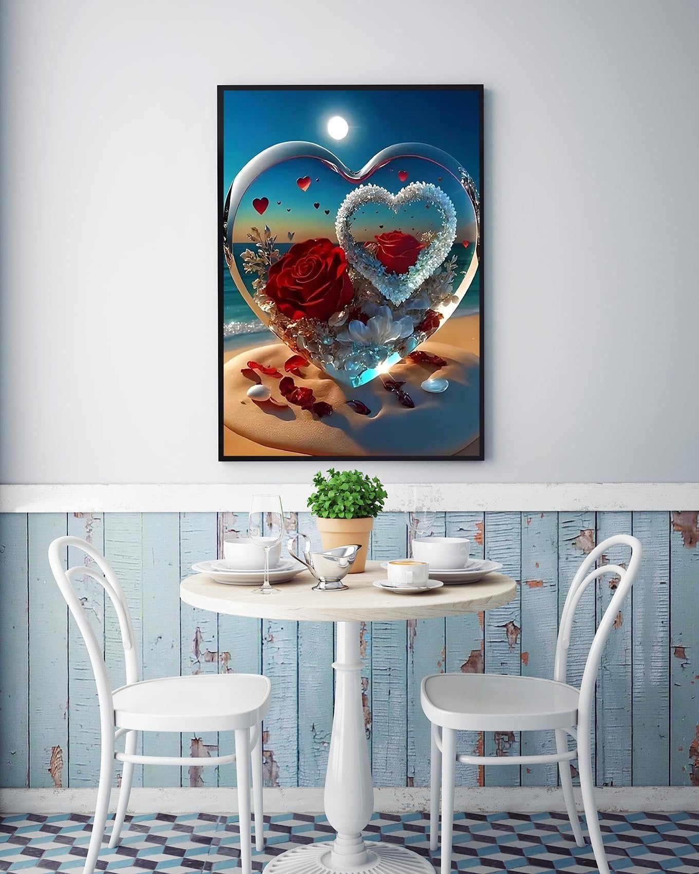 Diamond painting kit with a heart-shaped scene of roses on a beach at sunset