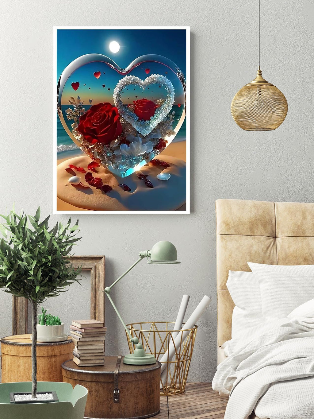 Diamond painting kit with a heart-shaped glass filled with roses and beach elements, displayed in a bedroom setting.