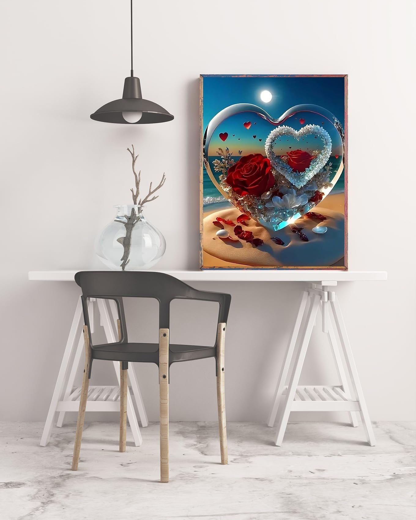 Diamond painting kit showing a heart-shaped scene with roses on a beach at sunset