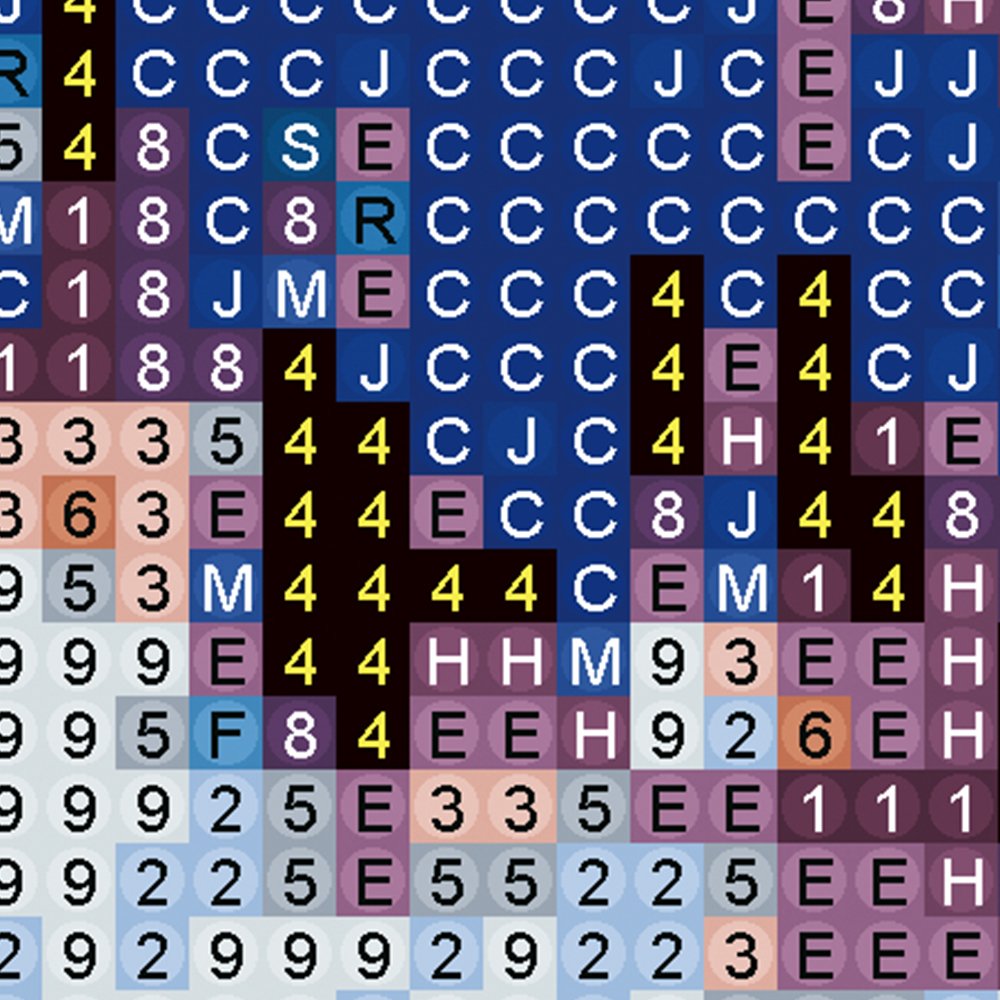 Diamond painting grid with color codes and symbols for crafting projects.