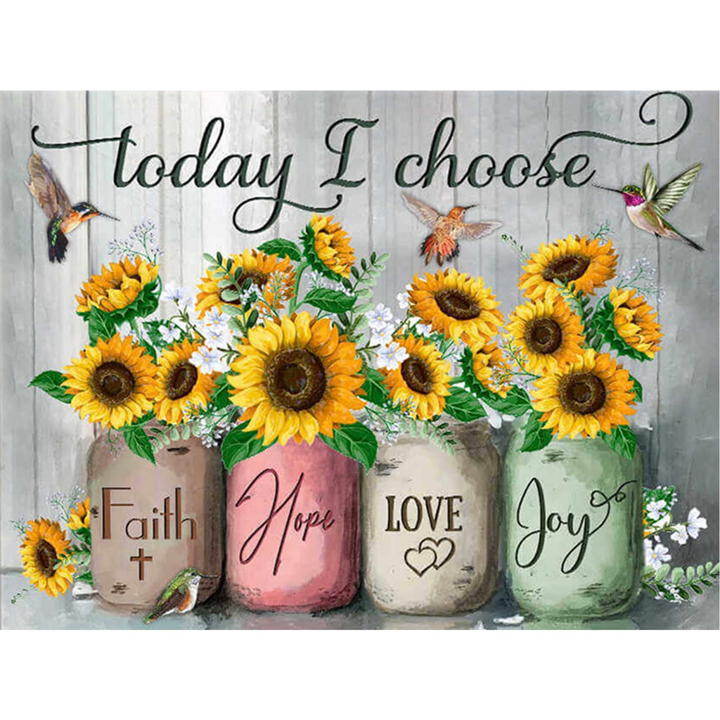 Diamond painting kit with sunflowers in mason jars labeled Faith, Hope, Love, Joy, with hummingbirds and a bird.