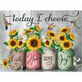 Diamond painting kit with sunflowers in mason jars labeled Faith, Hope, Love, Joy, with hummingbirds and a bird.