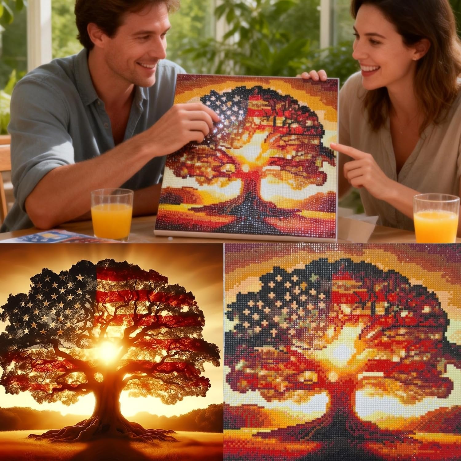Couple proudly displaying a finished diamond painting of a tree with the American flag pattern on its leaves, with a sunburst behind it.