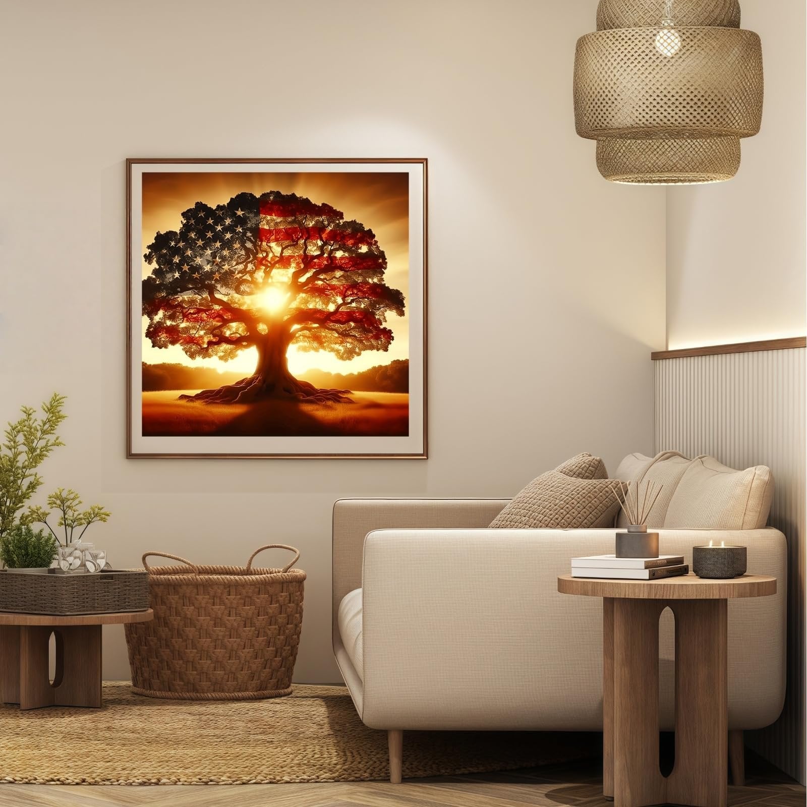 Framed diamond painting of a tree with American flag leaves, set in a living room.