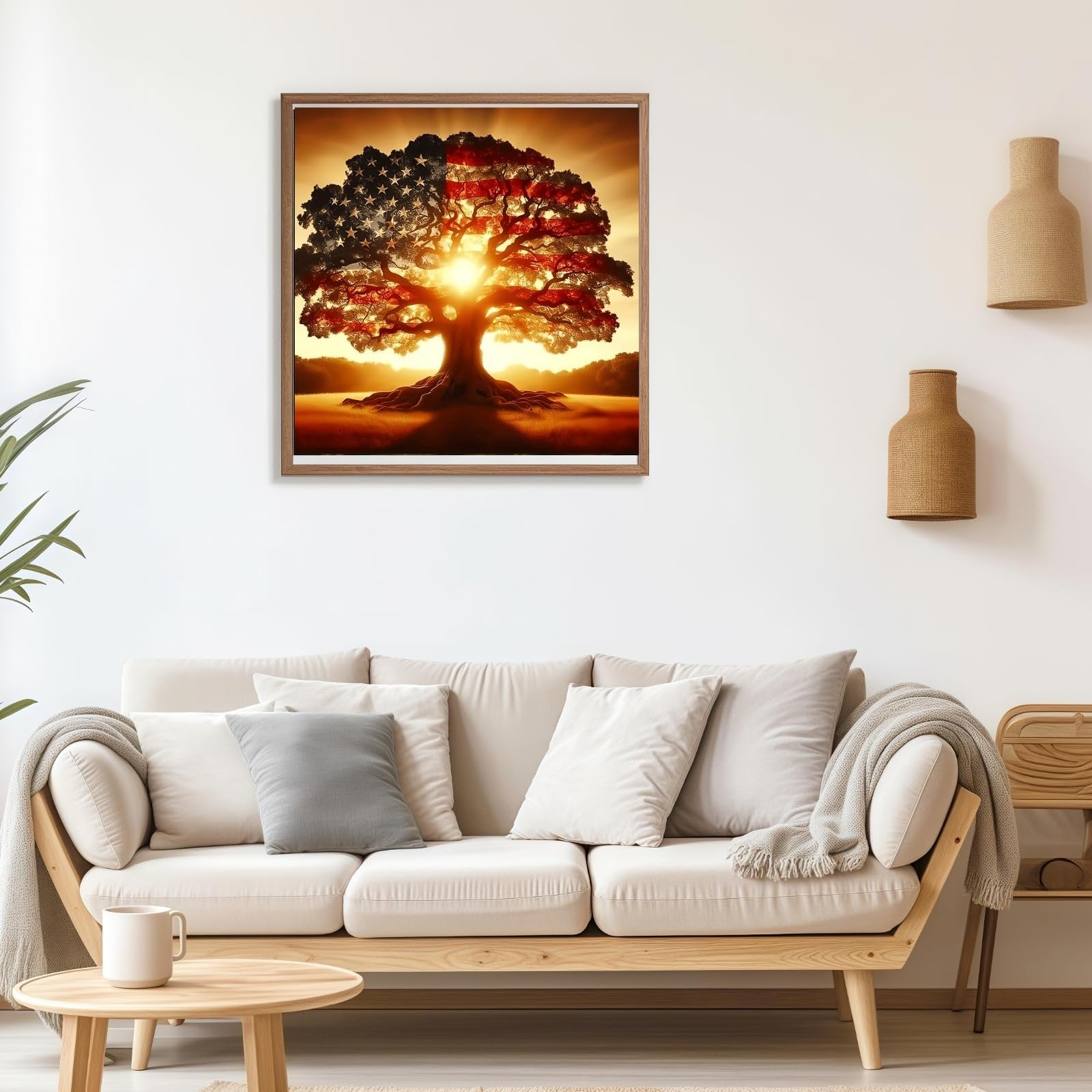 Framed artwork of a tree with the American flag pattern on its leaves, set against a sunset.