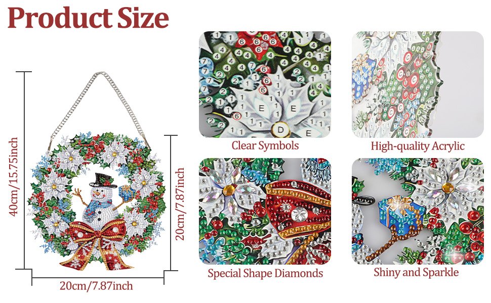 Diamond painting snowman wreath ornament kit with dimensions and close-up detail shots of symbols, acrylic, special shape diamonds, and sparkle.