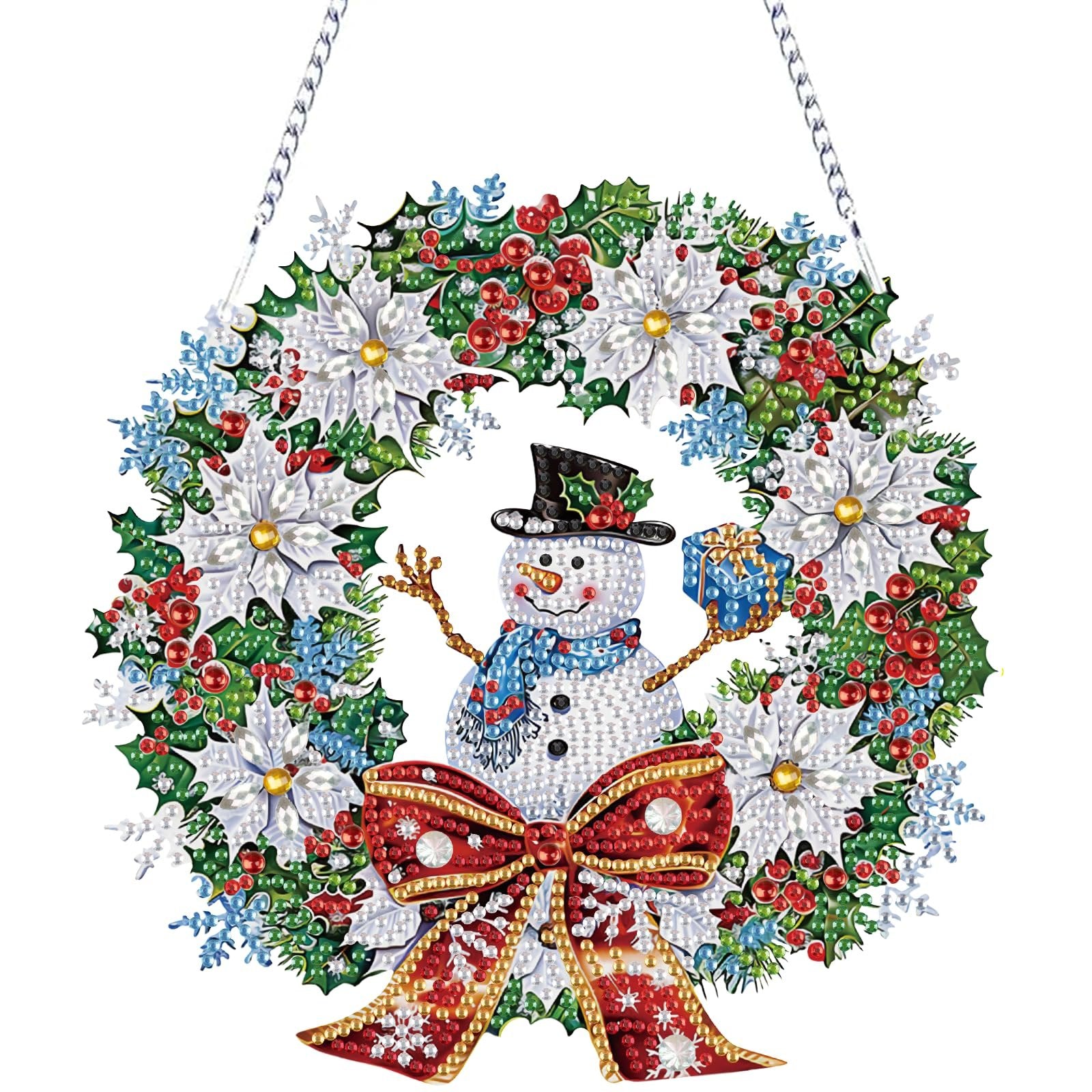 Diamond painting snowman wreath ornament with red bow, white poinsettias, holly, and berries, hanging by a chain.