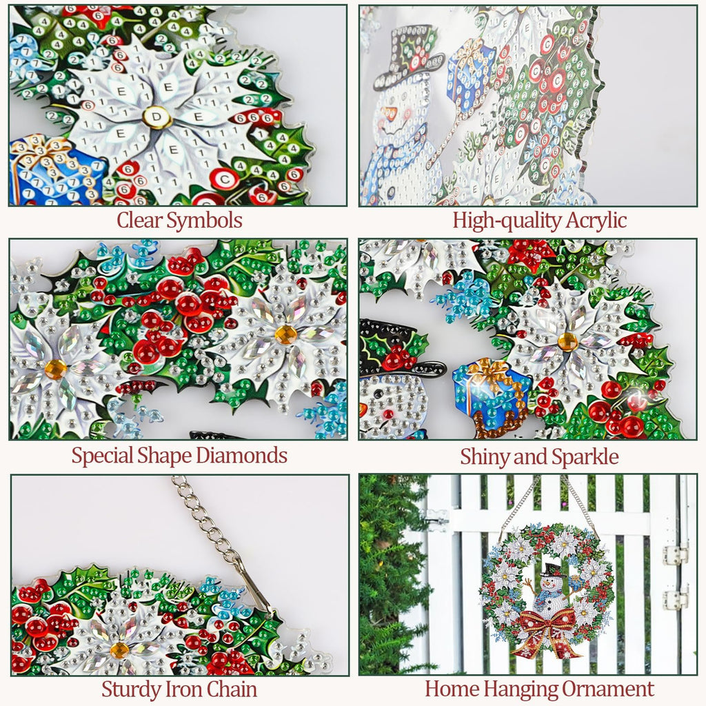 Diamond painting snowman wreath ornament kit with close-ups of details and a finished piece hanging on a fence.