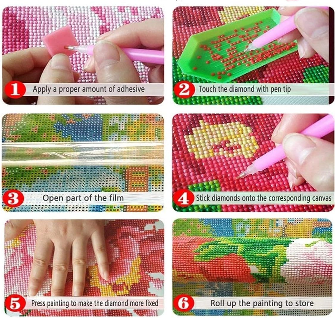Diamond painting kit instructions showing 6 steps: applying adhesive, picking up diamonds, opening film, sticking diamonds, pressing painting, and rolling up.