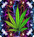 Psychedelic cannabis leaf design with vibrant swirling patterns in purple, blue, and orange.