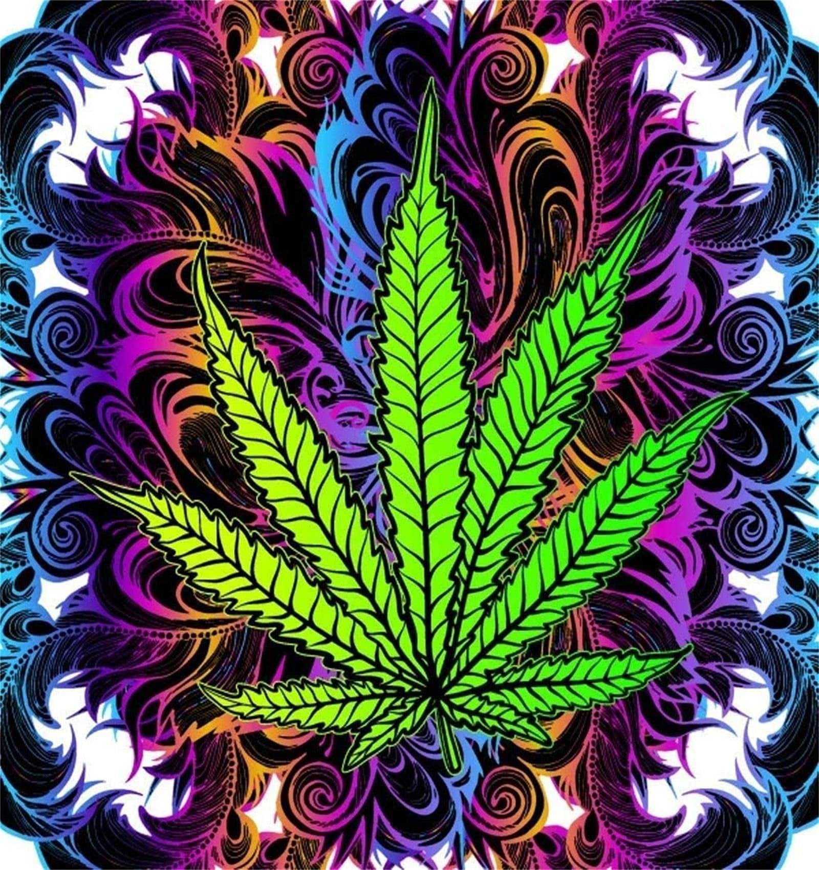 Psychedelic cannabis leaf design with vibrant swirling patterns in purple, blue, and orange.