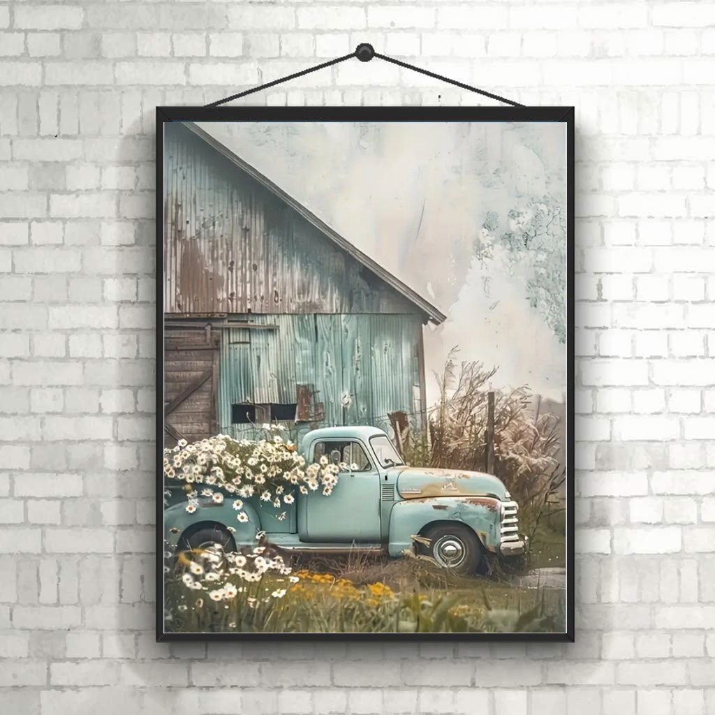 Diamond painting kit featuring a vintage blue truck filled with white daisies parked in front of a rustic barn.