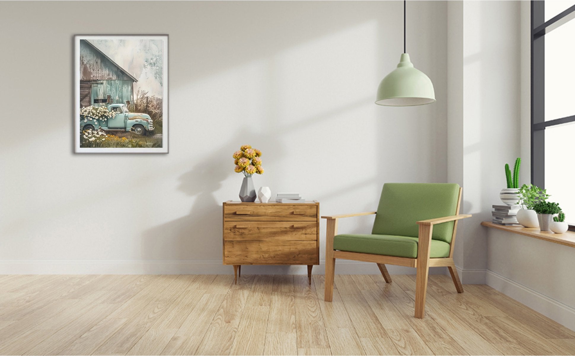 Framed diamond painting of a vintage blue truck filled with flowers parked by a rustic barn.