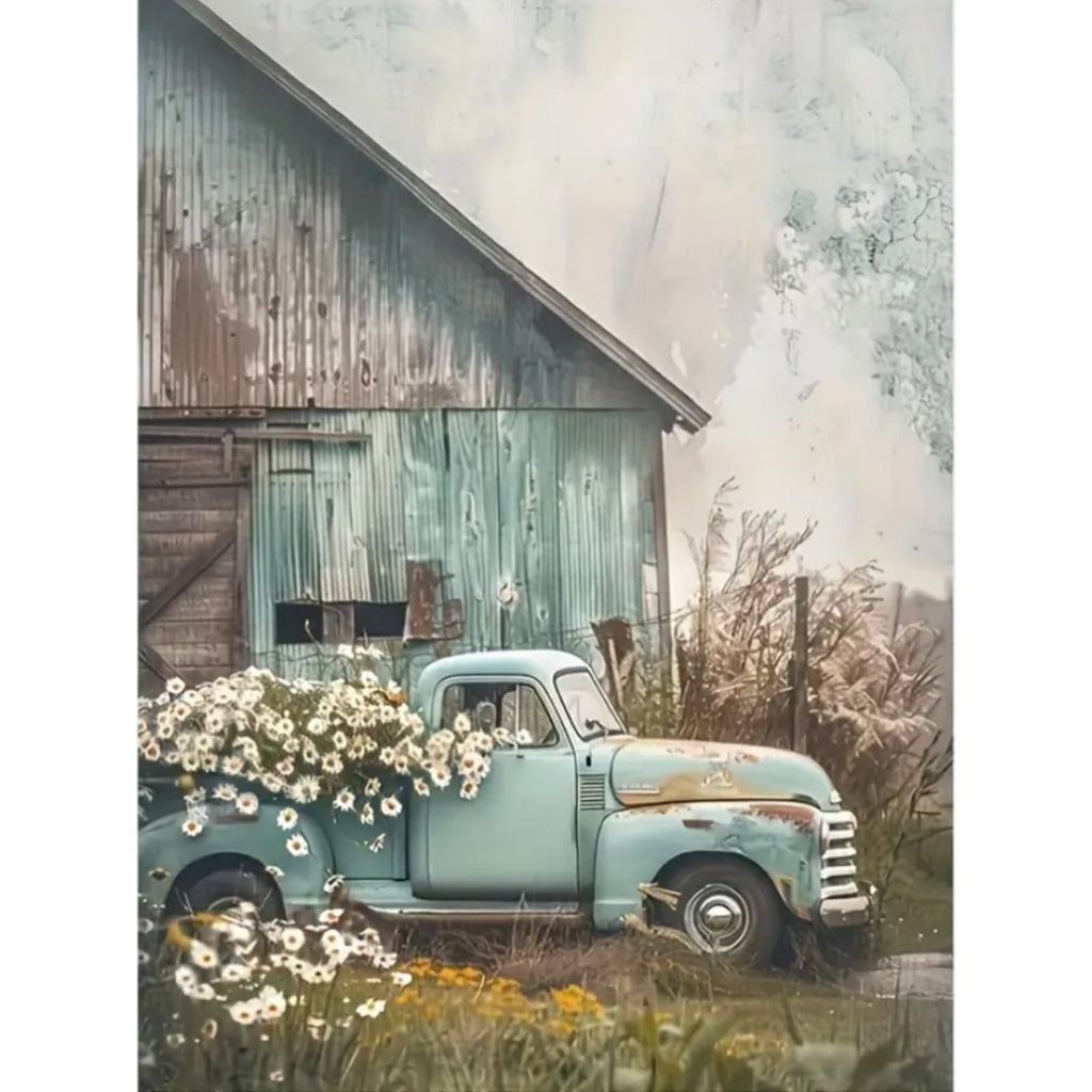 Vintage light blue pickup truck overflowing with white daisies parked in front of a rustic barn