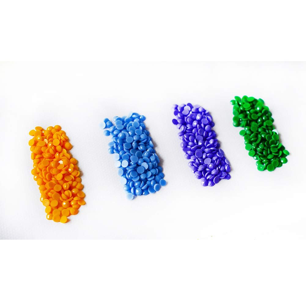 Four piles of colorful diamond painting beads: orange, light blue, purple, and green, on a white background.