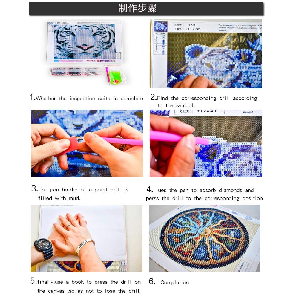 Diamond painting kit instructions showing steps 1-6 with close-ups of tools and canvas.