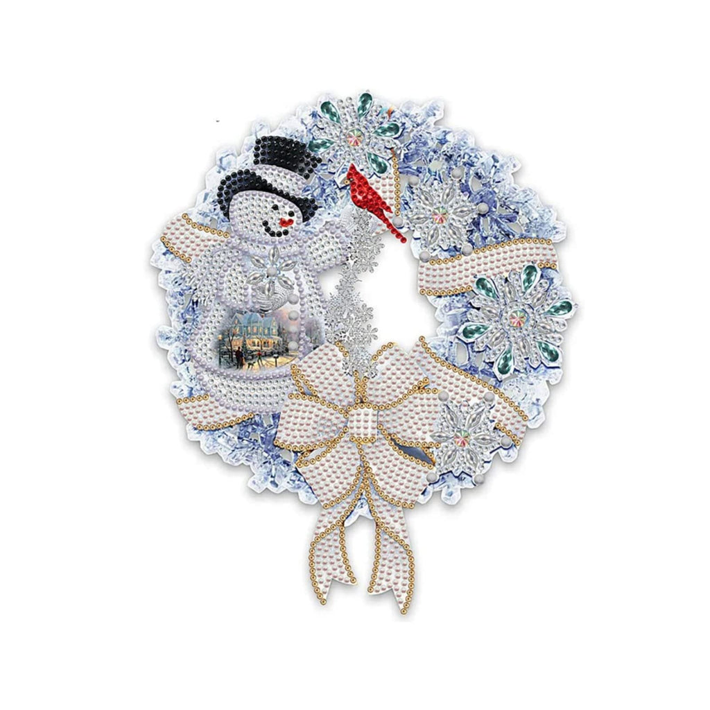 Diamond painting Christmas wreath with snowman, cardinal, snowflakes, and bow on white background