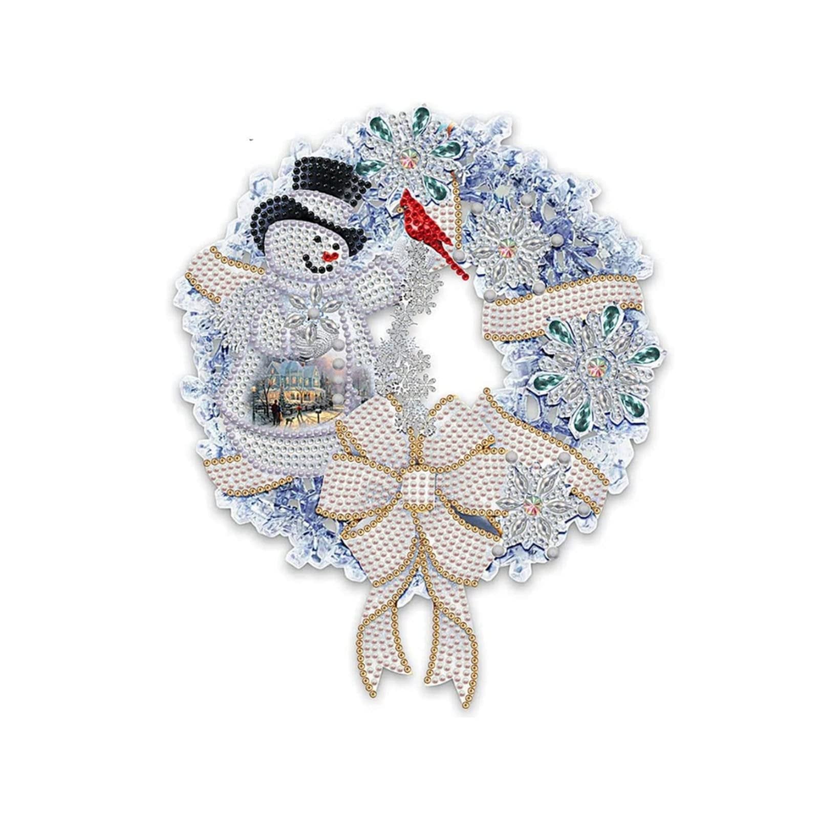 Diamond painting Christmas wreath with snowman, cardinal, snowflakes, and bow on white background