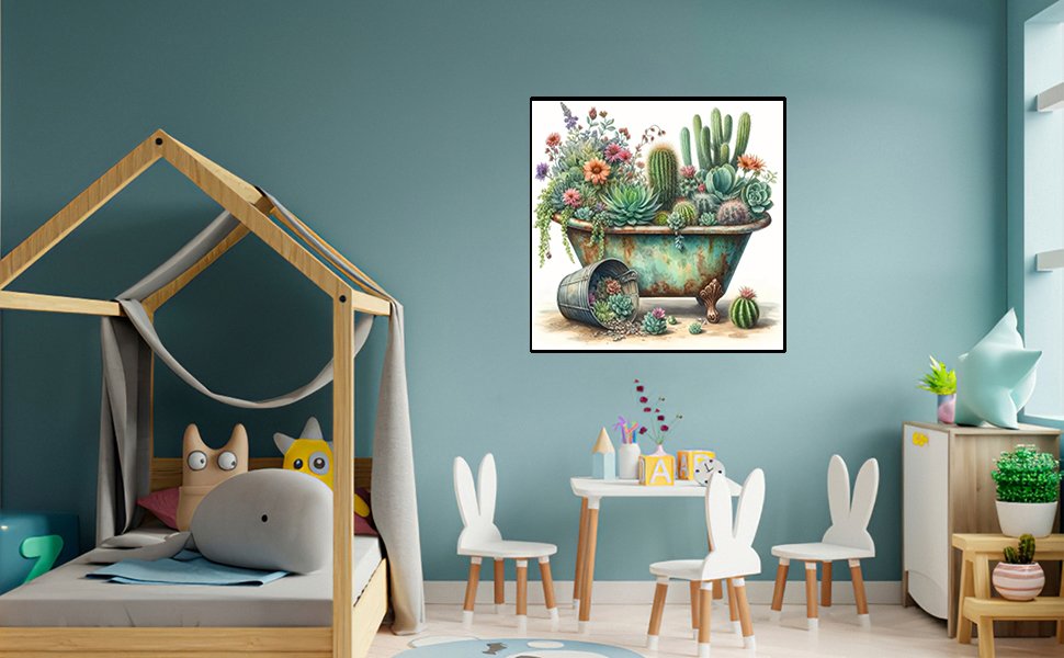Diamond painting kit featuring a rustic bathtub overflowing with succulents and flowers, displayed in a child's bedroom.
