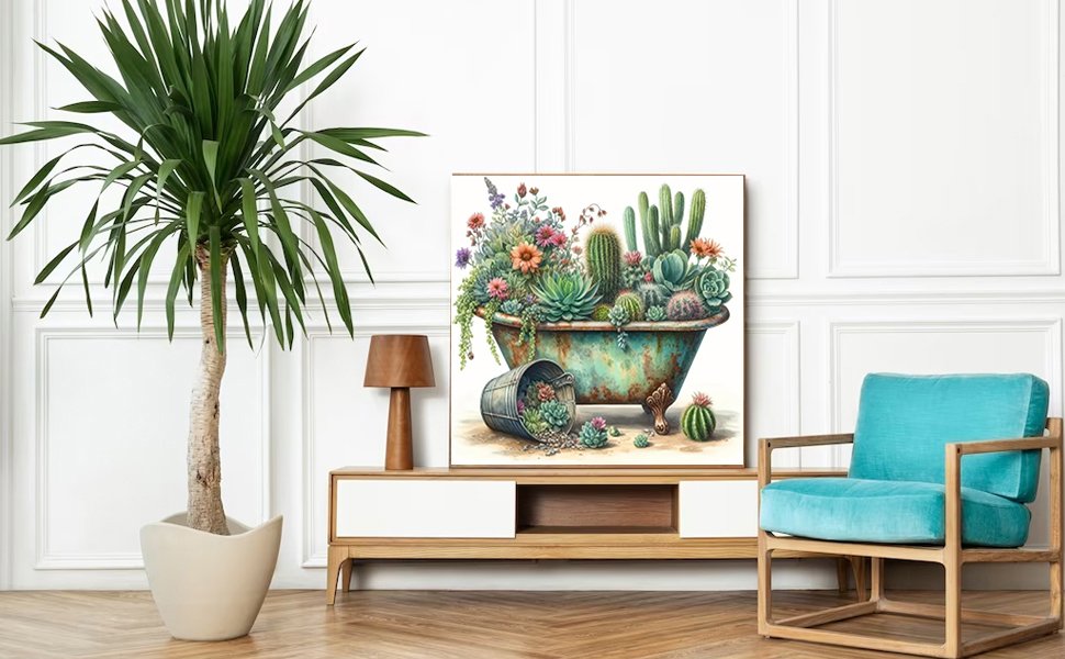 Diamond painting artwork of a vintage bathtub filled with various cacti and flowers, displayed in a modern living room setting.