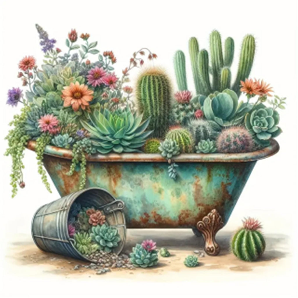 Assortment of succulents and cacti arranged in a vintage bathtub and a fallen bucket.