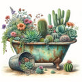 Assortment of succulents and cacti arranged in a vintage bathtub and a fallen bucket.