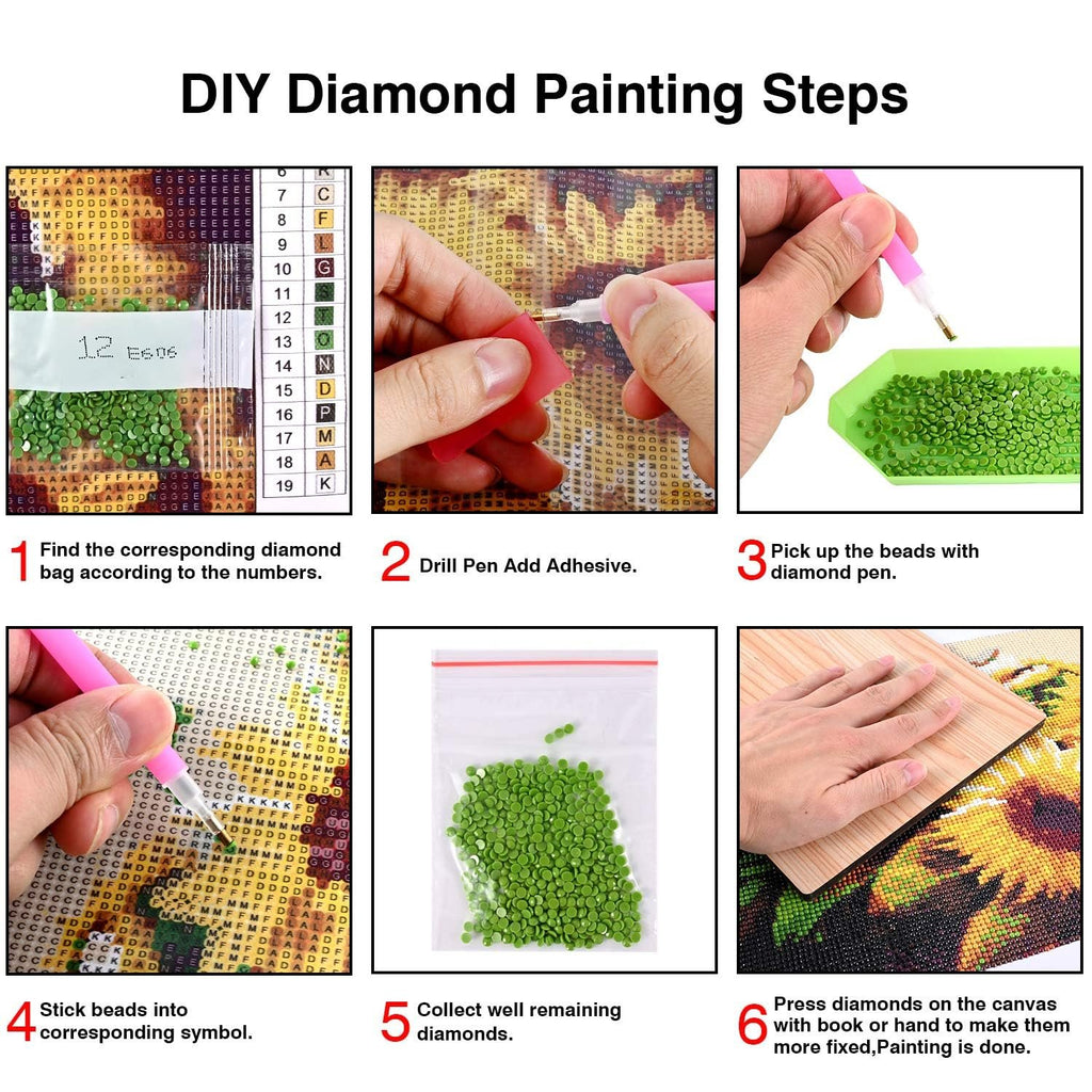 Diamond painting steps illustrated with six numbered images showing bead sorting, pen use, and application.