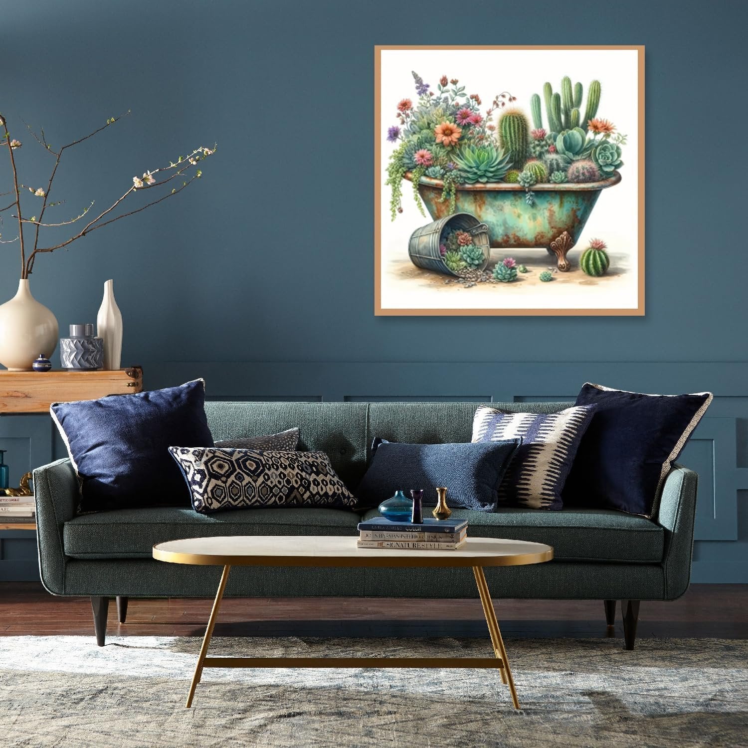 Diamond painting of succulents and flowers in a vintage bathtub, displayed above a sofa.