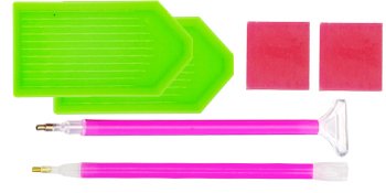 Diamond painting tools including two green trays, two pink drills pens, and two red adhesive squares.