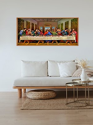 Diamond painting kit depicting Leonardo da Vinci's The Last Supper, framed and hung above a sofa.