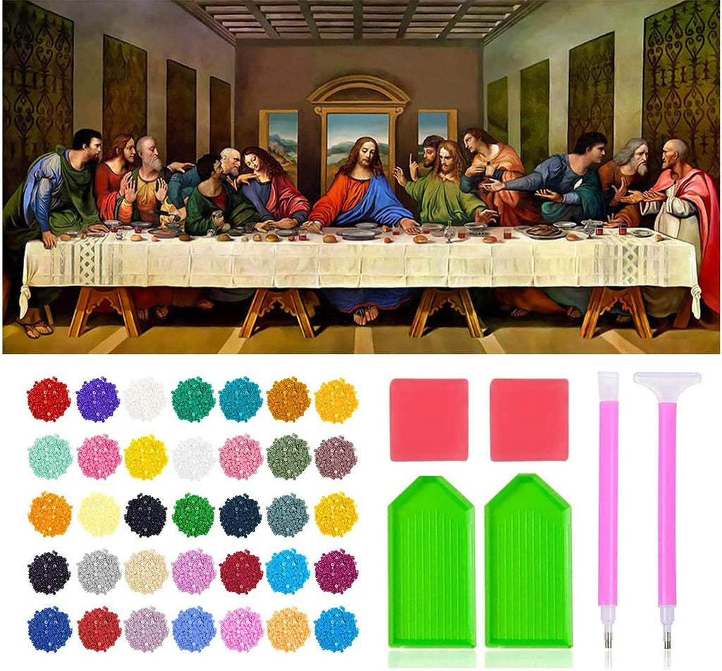 Diamond painting kit featuring 'The Last Supper' scene and colorful rhinestones with tools