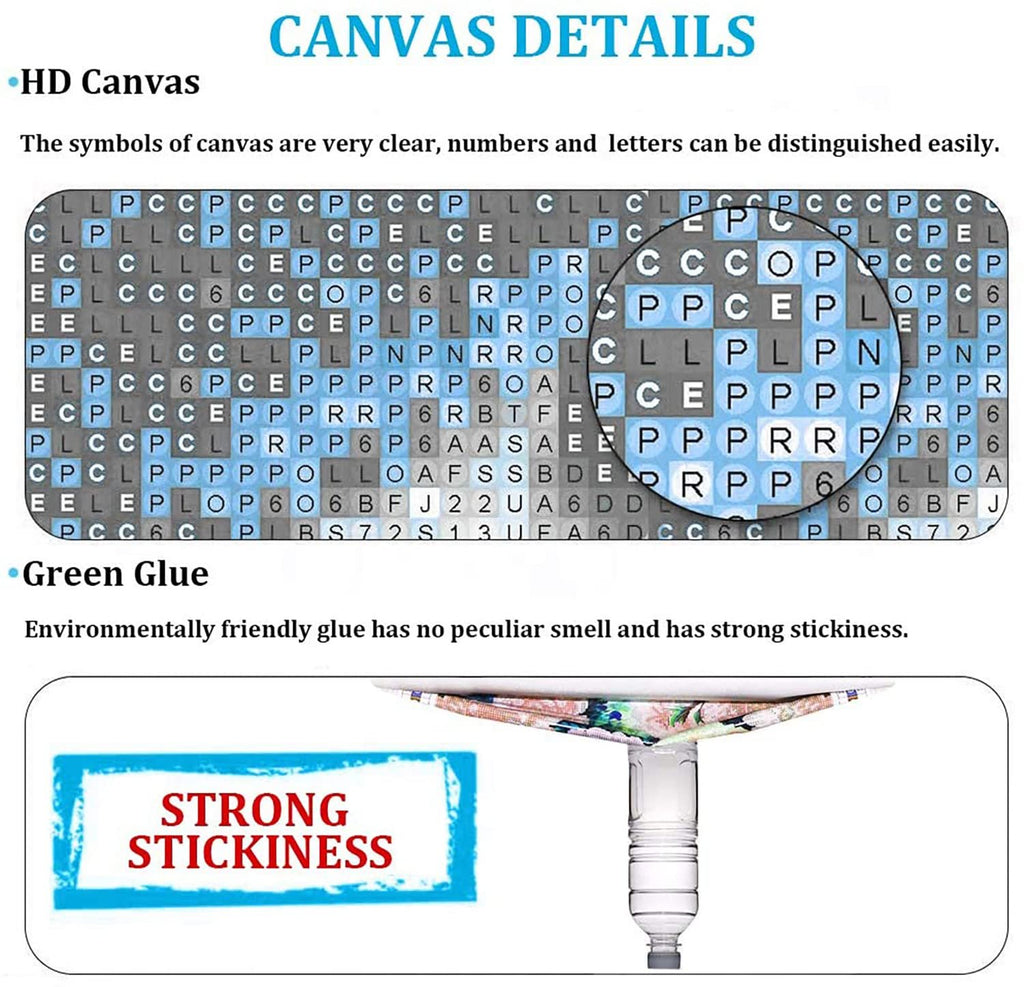 Diamond painting canvas details showing HD canvas with letter/number symbols and green glue with strong stickiness callout.