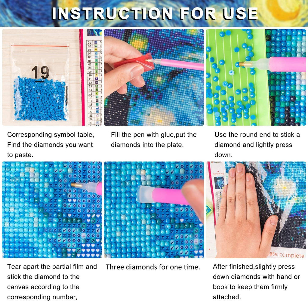 Diamond painting instruction steps showing symbol table, filling pen, placing diamonds, and finishing.