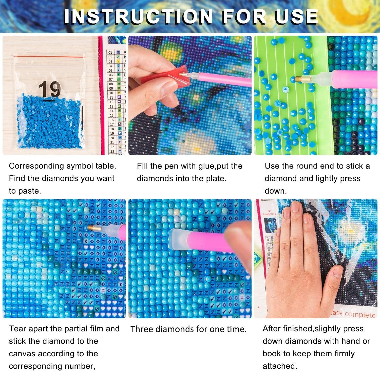 Diamond painting instruction steps showing symbol table, filling pen, placing diamonds, and finishing.