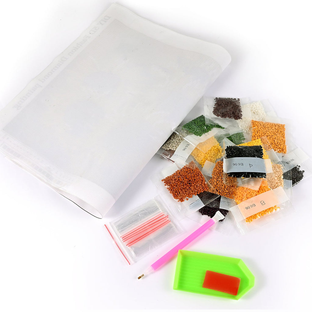 Diamond painting kit contents including canvas, colored beads in small bags, pink applicator tool, and green tray with red wax.