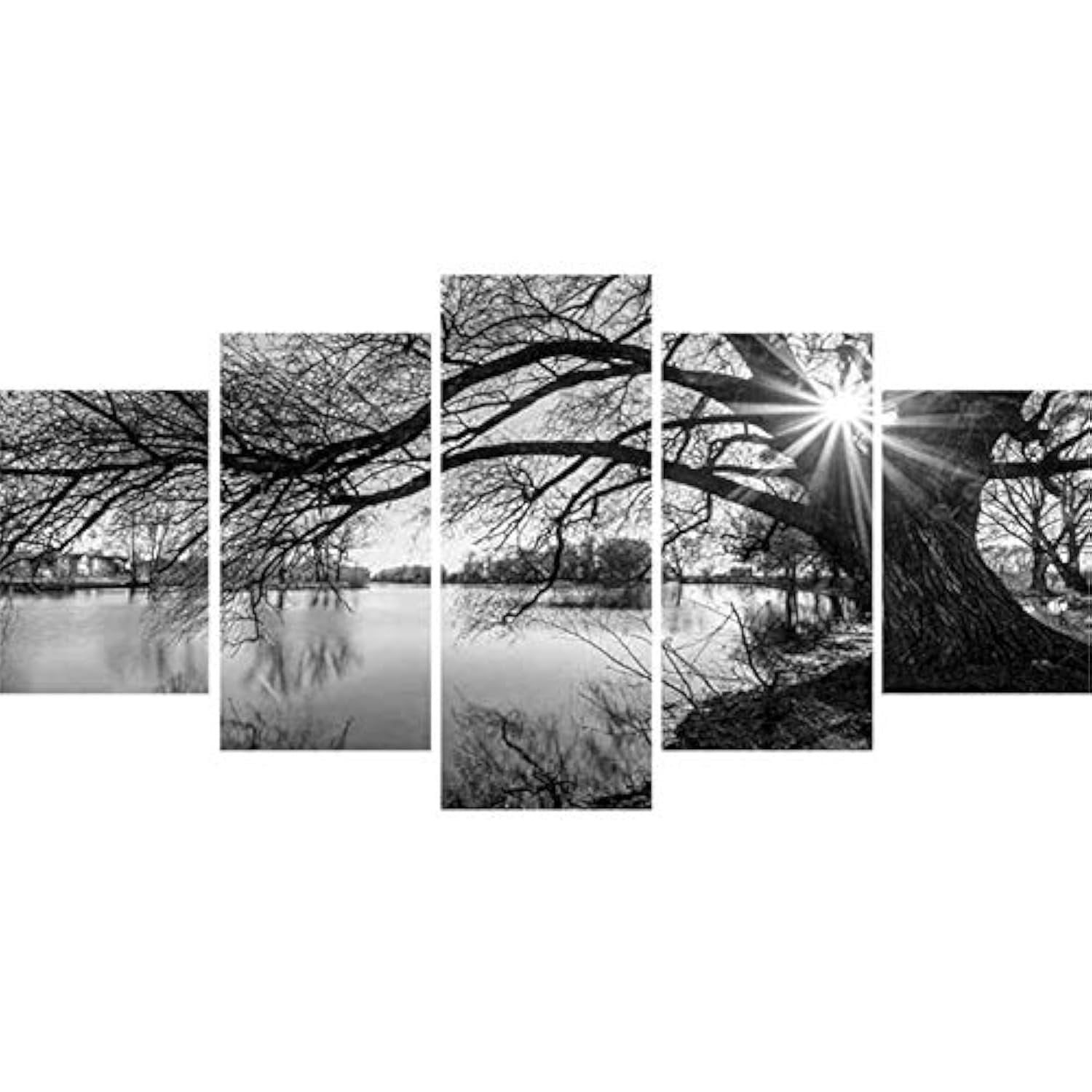 Five-piece black and white tree lake sunshine diamond art kit canvas panels
