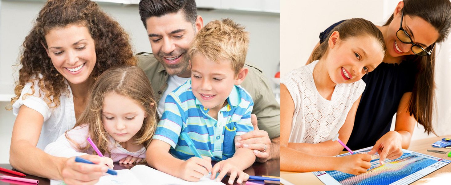 Family and mother with daughter doing diamond painting art kit activity