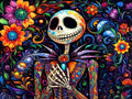 Colorful diamond art painting of a skeleton figure surrounded by vibrant flowers and swirling patterns on a black background.
