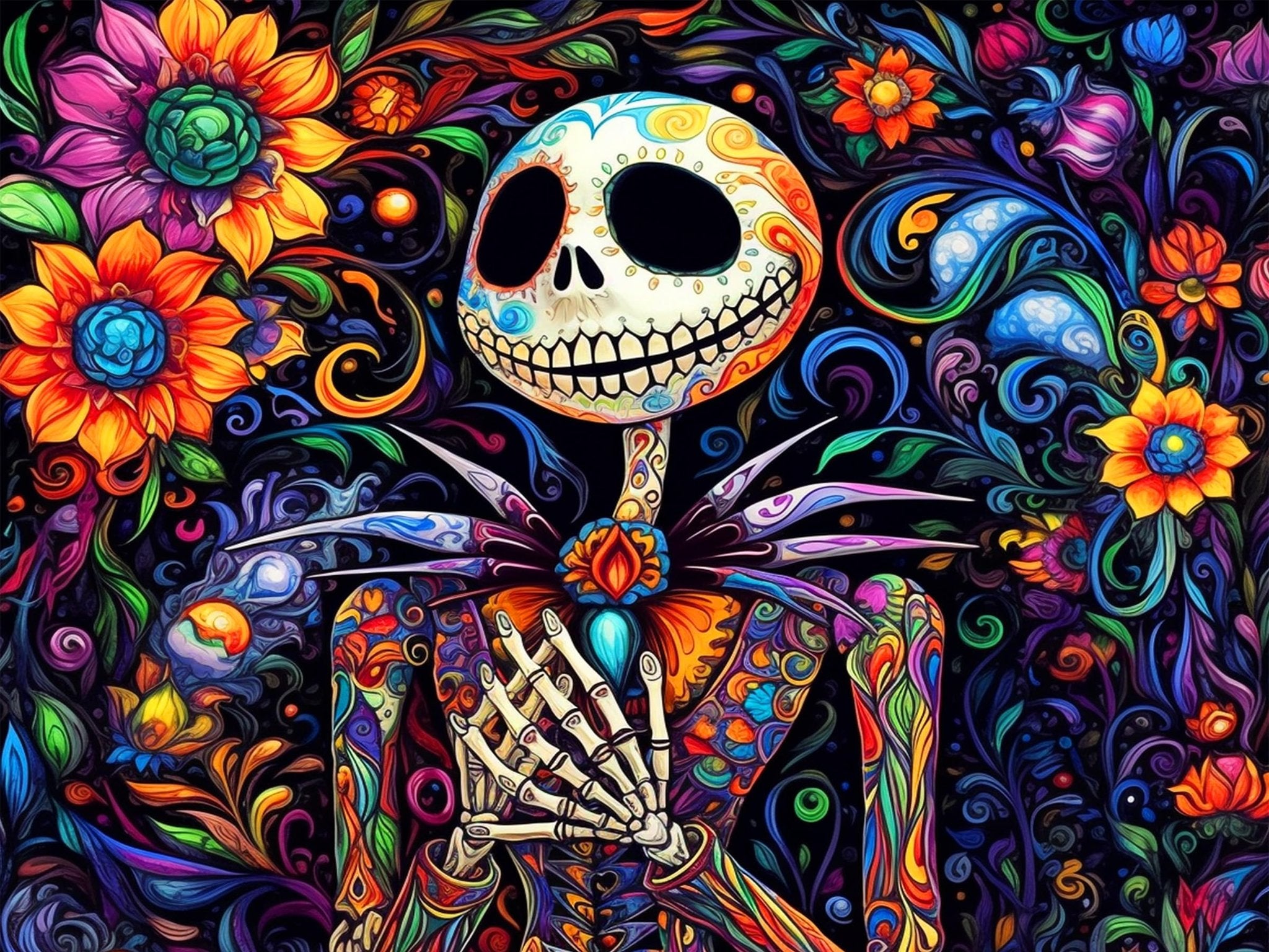 Colorful diamond art painting of a skeleton figure surrounded by vibrant flowers and swirling patterns on a black background.